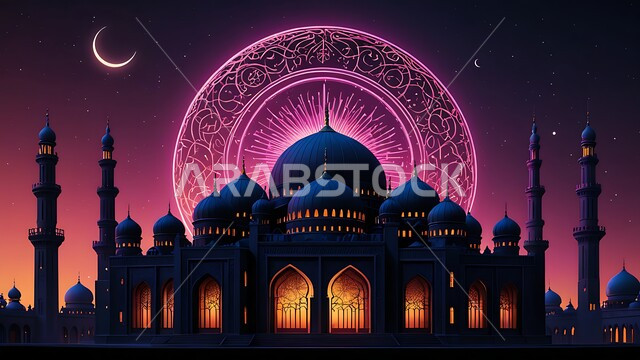 مفهوم العبادة والتقرب إلى الله، الفن الهندسي المعماري للمساجد، أداء الفرائض والصلوات، صورة ظلية لمسجد عربي فاخر، منظر السماء المليئة بالنجوم مع الهلال، ديكورات وتصاميم متميزة للقبب والمآذن على الطراز الاسلامي، خلفيات دينية رمضانية، سالوليت
