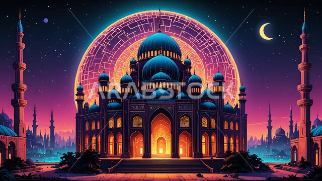 ديكورات وتصاميم متميزة للقبب والمآذن على الطراز الاسلامي، خلفيات دينية رمضانية، مفهوم العبادة والتقرب إلى الله، الفن الهندسي المعماري للمساجد، أداء الفرائض والصلوات، صورة ظلية لمسجد عربي فاخر، منظر السماء المليئة بالنجوم مع الهلال، سالوليت
