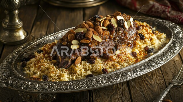 A plate of Kabsa rice with garnished pieces of meat, traditional popular Arab banquets and dishes, recipes for delicious oriental foods and meals, kitchens and restaurants of the Kingdom of Saudi Arabia, a plate of biryani with fatty meat, the skill of preparing the famous Gulf Mandi recipe with spices rich in flavors