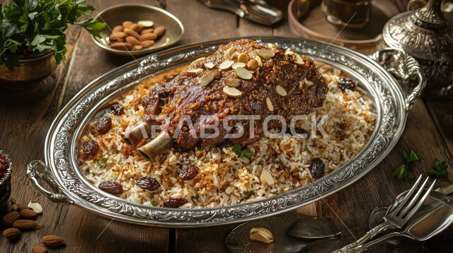 طبق من أرز الكبسة مع قطع اللحم المزين، ولائم وأطباق عربية تقليدية شعبية، وصفات المأكولات والوجبات الشرقية الشهية، مطابخ ومطاعم المملكة العربية السعودية، صحن من البرياني باللحم الدسم، مهارة إعداد وصفة المندي الخليجي المشهورة بالتوابل الغنية بالنكهات 