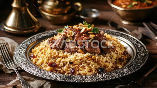  طبق من أرز الكبسة مع قطع اللحم المزين، ولائم وأطباق عربية تقليدية شعبية، وصفات المأكولات والوجبات الشرقية الشهية، مطابخ ومطاعم المملكة العربية السعودية، صحن من البرياني باللحم الدسم، مهارة إعداد وصفة المندي الخليجي المشهورة بالتوابل الغنية بالنكهات 