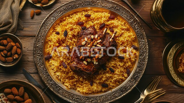 A plate of Kabsa rice with garnished pieces of meat, traditional popular Arab banquets and dishes, recipes for delicious oriental foods and meals, kitchens and restaurants of the Kingdom of Saudi Arabia, a plate of biryani with fatty meat, the skill of preparing the famous Gulf Mandi recipe with spices rich in flavors