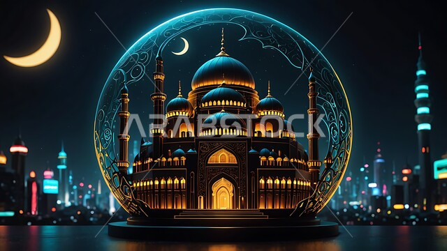 أماكن أداء الفرائض والعبادات، مفهوم العبادة والتقرب إلى الله، الأجواء الروحانية الإسلامية في السعودية، تصاميم تقليدية للاحتفال بالمناسبات الدينية، مجسم ثلاثي الأبعاد لمسجد إسلامي، الفن الهندسي المعماري لبناء القبب والمآذن الشامخة على الطراز العربي الحديث