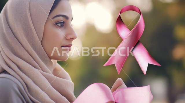 الاهتمام بالمرض والكشف المبكر، الحملة التوعويه بالامراض الخبيثه، رمز الحملة العالمية، اليوم العالمي للتوعية بسرطان الثدي، صورة مقربة لإمرأة عربية خليجية سعودية تحمل بيدها شريط زهري اللون بايماءات السرور