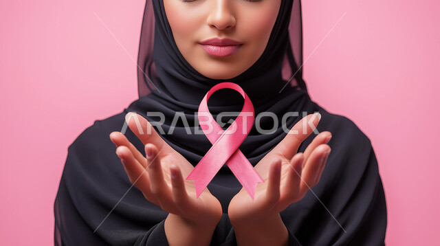 رمز الحملة العالمية، اليوم العالمي للتوعية والكشف المبكر، تحدي الأمراض الخبيثة، بورتريه مقرب لإمرأة عربية خليجي سعودية ترتدي الحجاب والعباءة السوداء وتحمل الشريط الوردي، النظر الى الكاميرا بنظرات القوة، حملة توعوية للكشف المبكر عن سرطان الثدي، خلفية وردية