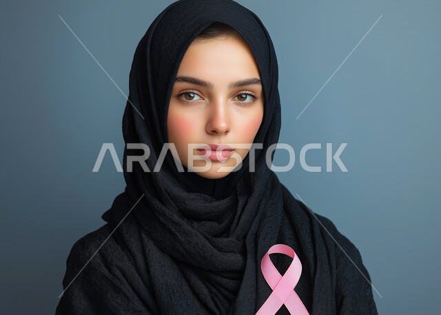 تحدي الأمراض الخبيثة، بورتريه مقرب لإمرأة عربية خليجي سعودية ترتدي الحجاب والعباءة السوداء تضع الشريط الوردي تنظر الى الكاميرا بنظرات القوة، حملة توعوية للكشف المبكر عن سرطان الثدي، رمز الحملة العالمية، اليوم العالمي للتوعية والكشف المبكر، خلفية زرقاء