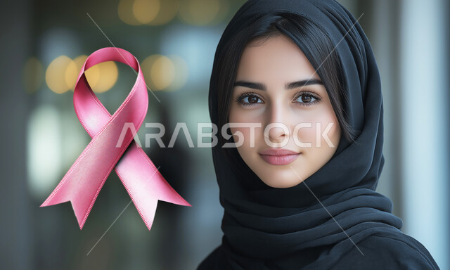تحدي الامراض الخبيثه، صورة مقربة لإمرأة عربية خليجية سعودية محجبة مبتسمة تنظر إلى الكاميرا بإيماءات القوة والثقة بالنفس، الاهتمام بالمرض والكشف المبكر، رمز الحملة العالمية النسائية، اليوم العالمي للتوعيه بالكشف عن سرطان الثدي