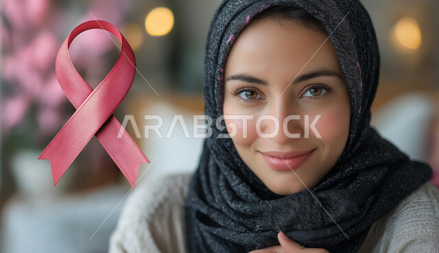 World Breast Cancer Awareness Day, Challenge of malignant diseases, close-up of a smiling veiled Saudi Arabian Gulf woman looking at the camera with gestures of strength and self-confidence, caring for the disease and early detection, symbol of the global women's campaign
