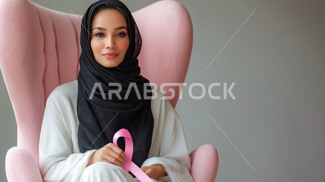 الاهتمام بالمرض والكشف المبكر، الحملة التوعويه بالامراض الخبيثه، رمز الحملة العالمية، اليوم العالمي للتوعية بسرطان الثدي، بورتريه لإمرأة عربية خليجية سعودية تجلس على كنبة مريحة وتحمل بيدها شريط زهري اللون بايماءات السرور، خلفية رمادية