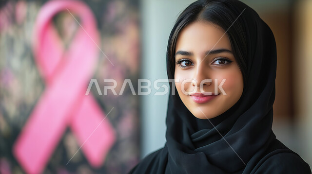 الاهتمام بالمرض والكشف المبكر، رمز الحملة العالمية النسائية، اليوم العالمي للتوعيه بالكشف عن سرطان الثدي، تحدي الامراض الخبيثه، صورة مقربة لإمرأة عربية خليجية سعودية محجبة مبتسمة تنظر إلى الكاميرا بإيماءات القوة والثقة بالنفس