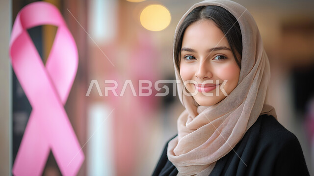 تحدي الامراض الخبيثه، صورة مقربة لإمرأة عربية خليجية سعودية محجبة مبتسمة تنظر إلى الكاميرا بإيماءات القوة والثقة بالنفس، الاهتمام بالمرض والكشف المبكر، رمز الحملة العالمية النسائية، اليوم العالمي للتوعيه بالكشف عن سرطان الثدي
