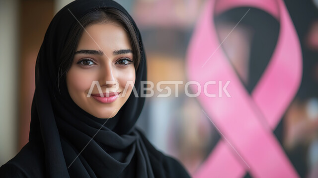 World Breast Cancer Awareness Day, Challenge of malignant diseases, close-up of a smiling veiled Saudi Arabian Gulf woman looking at the camera with gestures of strength and self-confidence, caring for the disease and early detection, symbol of the global women's campaign