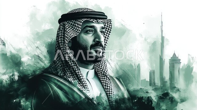 ايماءات الحزم والجدية والقوة، صورة مقربة لرجل عربي خليجي سعودي يرتدي العقال و الشماغ وينظر الى شيء ما بتعابير الثقة بالنفس، مفهوم الرجولة و الشياكة، الاهتمام بالمظهر الخارجي