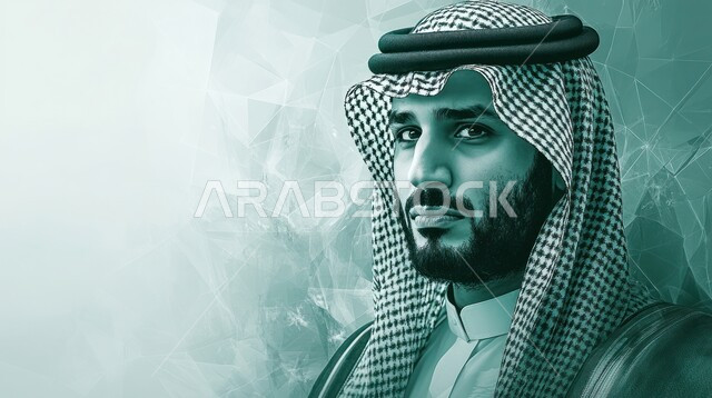 ايماءات الحزم والجدية والقوة، صورة مقربة لرجل عربي خليجي سعودي يرتدي العقال و الشماغ وينظر الى شيء ما بتعابير الثقة بالنفس، مفهوم الرجولة و الشياكة، الاهتمام بالمظهر الخارجي