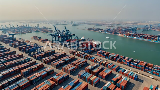 Export and import of goods in Saudi Arabia through the use of modern advanced means, selling and trading of local goods and products via ships at sea, a top view of a loading port crowded with goods and commercial containers, receiving and transporting storage containers via the maritime economy
