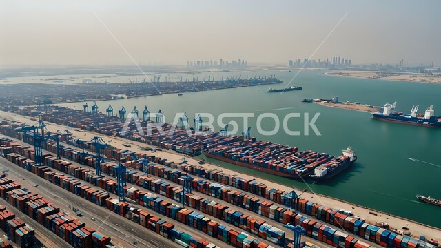 استلام ونقل كونتينرات التخزين عبر الاقتصاد البحري, تصدير وإستيراد البضاعة في السعودية من خلال استخدام الوسائل المتطورة الحديثه، بيع وتجارة السلع والمنتجات المحلية عبر السفن في البحار، صورة من الأعلى لميناء شحن مزدحم بالبضائع و الحاويات التجارية