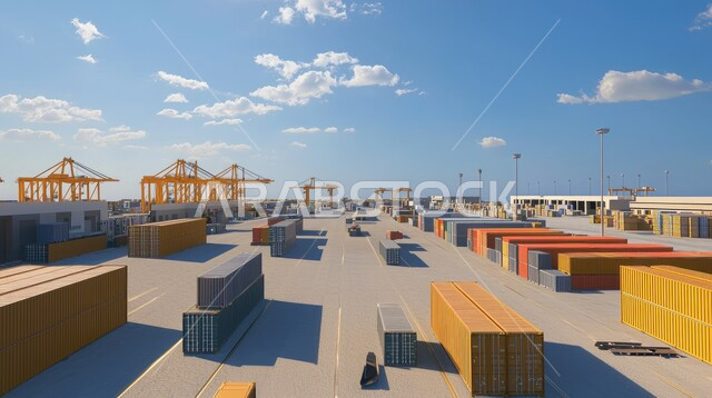 Busy cargo port with commercial goods and containers, export and import of goods in Saudi Arabia, maritime economy for transporting and receiving storage containers, trade of goods and local products via ships in the seas