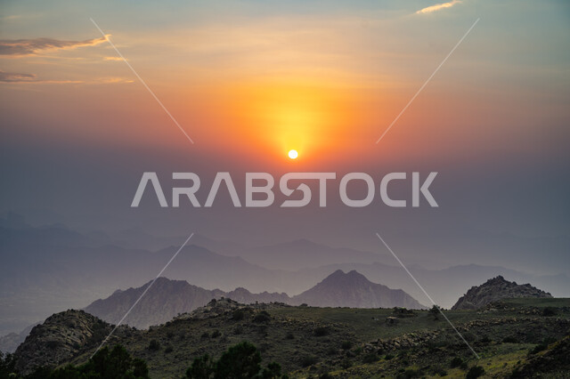 Mountainous nature in the Kingdom of Saudi Arabia, rock formations and formations, sunset view over the highlands and mountain peaks, terrain and dry environment, natural tourist areas