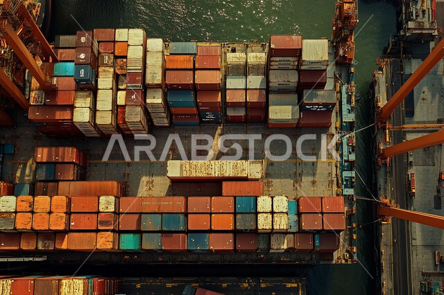 Maritime economy for transporting and receiving storage containers, using modern advanced means in importing and exporting goods in Saudi Arabia, trading local goods and products via ships at sea, ports for shipping goods and commercial containers.