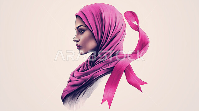 رمز الحملة العالمية، اليوم العالمي للتوعية والكشف المبكر، تحدي الأمراض الخبيثة، بورتريه من الجانب لإمرأة عربية خليجي سعودية محجبة  تقف أمام الشريط الوردي، حملة توعوية للكشف المبكر عن سرطان الثدي، خلفية وردية