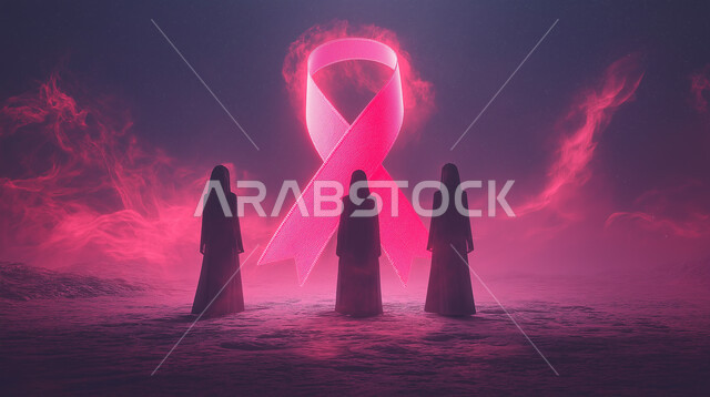 تحدي الأمراض الخبيثة، صورة من الخلف لثلاث نساء عربيات خليجيات سعوديات محجبات يقفن أمام شعار مكافحة سرطان الثدي، رمز الحملة العالمية النسائية، الاهتمام بالمرض والكشف المبكر عنه