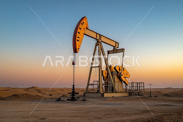  اعتماد التقنيات والتكنولوجيا في إنتاجية الغاز في المملكة العربية السعودية, مصفاة بترول في الصحراء وقت الغروب، أدوات ومعدات ضخمة حديثة، جودة معامل ومعدات إنتاج النفط، مشاريع صناعية بتروكيماوية، النمو والتقدم الاقتصادي