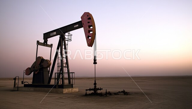 النمو والتقدم الاقتصادي، اعتماد التقنيات والتكنولوجيا في إنتاجية الغاز في المملكة العربية السعودية, مصفاة بترول في الصحراء وقت الغروب، أدوات ومعدات ضخمة حديثة، جودة معامل ومعدات إنتاج النفط، مشاريع صناعية بتروكيماوية