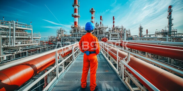 مهن ووظائف سعودية، معدات وأدوات ثقيلة، اعتماد التقنيات الحديثة  في عمليات تكرير النفط، متابعة سير الاعمال في المصانع، صورة من الخلف لمهندس عربي خليجي سعودي يرتدي الخوذة وبدلة الحماية يقف بين خطوط الأنابيب، مفهوم إنتاجية الغاز في المملكة العربية السعودية