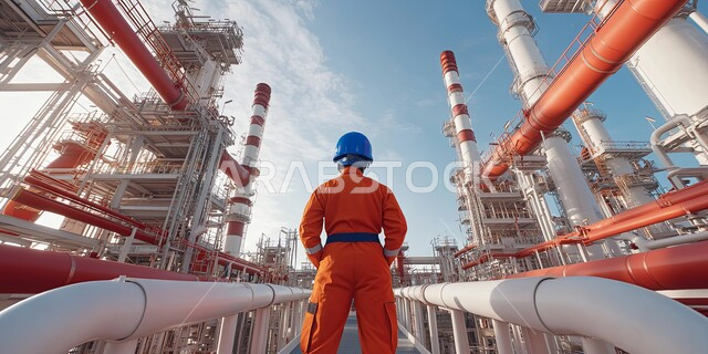 متابعة سير الاعمال في المصانع، صورة من الخلف لمهندس عربي خليجي سعودي يرتدي الخوذة وبدلة الحماية يقف بين خطوط الأنابيب، مفهوم إنتاجية الغاز في المملكة العربية السعودية, مهن ووظائف سعودية، معدات وأدوات ثقيلة، اعتماد التقنيات الحديثة  في عمليات تكرير النفط