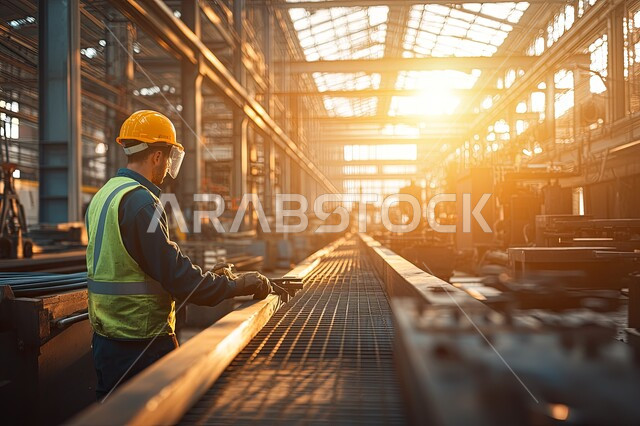 مفهوم الهندسة و الصناعة، مهندس عربي سعودي خليجي يرتدي معدات السلامة يتفقد الحطام المعدني في مصنع حديث، جودة الصناعه والانتاج في معامل المملكة، الاداره والاشراف على آلية التصنيع، مهن ووظائف في شبابية