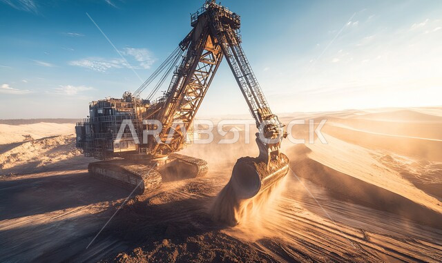 Concept of architecture and construction, a large bulldozer working in digging and lifting rubble and dirt at the work site, reliance on heavy machinery and equipment in construction work, industrial engineering professions and jobs in the Kingdom of Saudi Arabia, improving the infrastructure for establishing modern projects