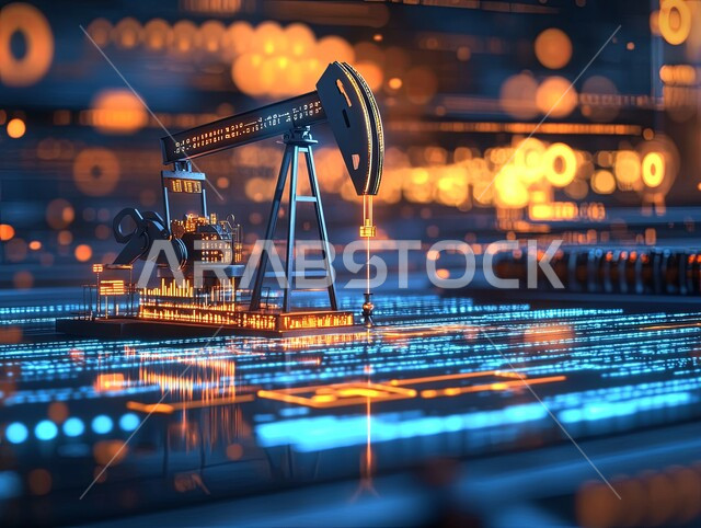 تطوير البنية التحتية الرقمية، مضخة نفط مصغرة على سطح رقمي مستقبلي، جودة معامل ومعدات إنتاج النفط، مشاريع صناعية بتروكيماوية، النمو والتقدم الاقتصادي، اعتماد التقنيات والتكنولوجيا في إنتاجية الغاز في المملكة العربية السعودية, أدوات ومعدات ضخمة حديثة