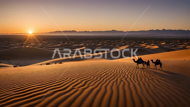 الجمال الاصيلة تسير فوق الكثبان الرملية في الصحراء وقت غروب الشمس، الاهتمام في تربية ورعاية المواشي والثدييات في البراري، الهضاب والتلال الرملية في الأماكن والمناطق الصحراوية، الرمال الذهبية الناعمة، حيوان الإبل يتنقل في صحارى المملكة العربية السعودية