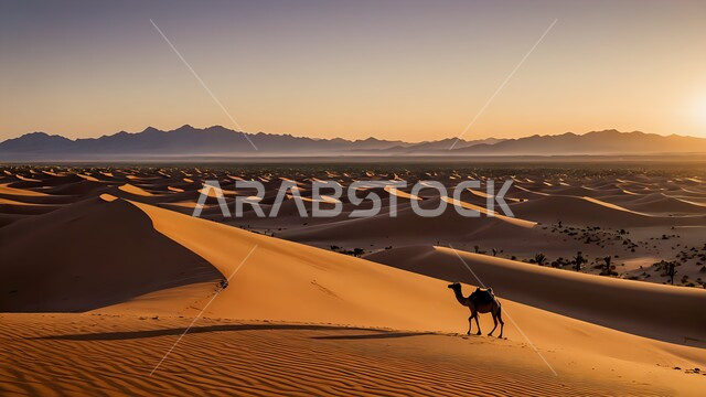 الجمال الاصيلة تسير فوق الكثبان الرملية في الصحراء وقت غروب الشمس، الاهتمام في تربية ورعاية المواشي والثدييات في البراري، الهضاب والتلال الرملية في الأماكن والمناطق الصحراوية، الرمال الذهبية الناعمة، حيوان الإبل يتنقل في صحارى المملكة العربية السعودية