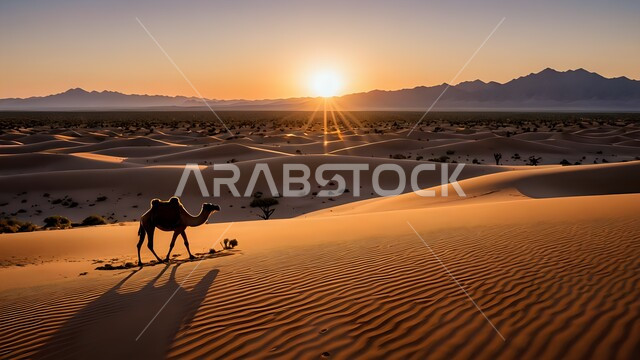 الجمال الاصيلة تسير فوق الكثبان الرملية في الصحراء وقت غروب الشمس، الاهتمام في تربية ورعاية المواشي والثدييات في البراري، الهضاب والتلال الرملية في الأماكن والمناطق الصحراوية، الرمال الذهبية الناعمة، حيوان الإبل يتنقل في صحارى المملكة العربية السعودية