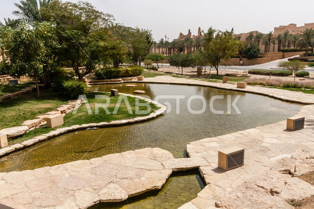 الاهتمام بزراعة النباتات وأشجار النخيل، المنتزهات الترفيهية العامة، بحيرة حديقة البجيري قبل إعادة بنائها في وقت النهار، الهندسة الزراعية المتميزة في المملكة العربية السعودية، أماكن ومناطق سياحية عائلية للتنزه والترفيه والمتعة، المناظر الطبيعيه الخضراء