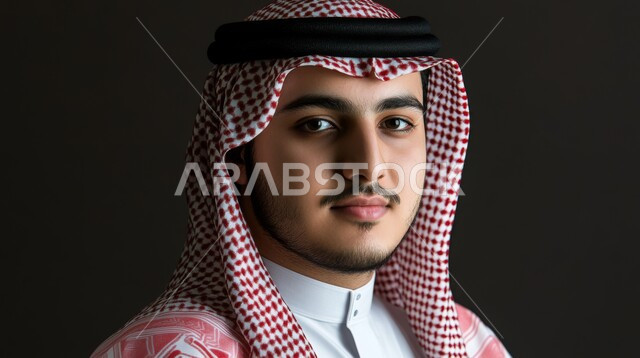 مفهوم الرجولة والأناقه والاهتمام بالمظهر الخارجي، بورتريه مقرب لرجل عربي خليجي سعودي يرتدي الشماغ والثوب التقليدي ينظر إلى الكاميرا بإيماءات الثقة بالنفس والجدية، خلفية سوداء