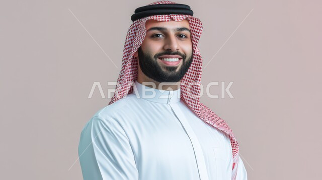 مفهوم الاناقة والرجولة، التقاط صور شخصية للوثائق الرسمية، الاعتناء والاهتمام بالمظهر الخارجي، بورتريه مقرب لرجل عربي خليجي سعودي مبتسم يرتدي الشماغ والثوب التقليدي ينظر الى الكاميرا بإيماءات السرور والثقة بالنفس، خلفية بيج