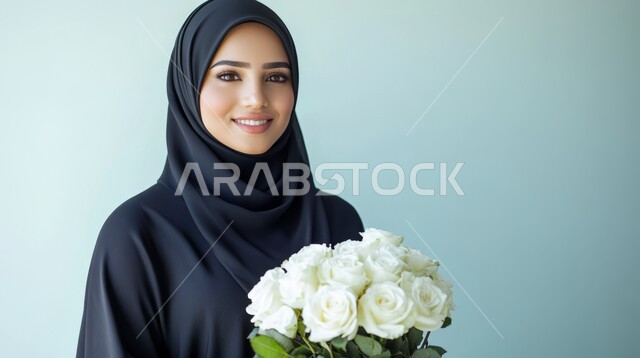 تقديم الزهور في الأعياد والمناسبات السعيدة، بورتريه مقرب لإمرأة عربية خليجية سعودية مبتسمة ترتدي العباءة السوداء تحمل بيدها بوكيه ورد أبيض، انتقاء باقة مميزة من الورود، الاهتمام بالأناقة والمظهر الخارجي، النظر الى الكاميرا بإيماءات السعادة والسرور، خلفية خضراء