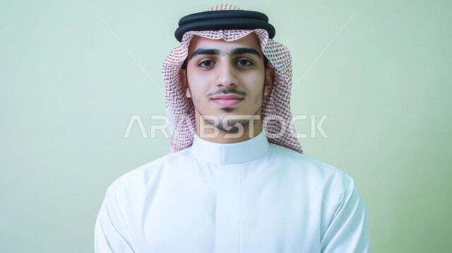 مفهوم الاناقة والرجولة، التقاط صور شخصية للوثائق الرسمية، الاعتناء والاهتمام بالمظهر الخارجي، بورتريه مقرب لرجل عربي خليجي سعودي يرتدي الشماغ والثوب التقليدي ينظر الى الكاميرا بإيماءات السرور والثقة بالنفس، خلفية خضراء