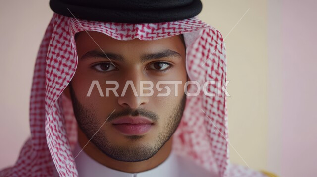 الاعتناء والاهتمام بالمظهر الخارجي، مفهوم الاناقة والرجولة والقوة ، التقاط صور شخصية للوثائق الرسمية، بورتريه مقرب لرجل عربي خليجي سعودي يرتدي الشماغ والثوب التقليدي ينظر الى الكاميرا بإيماءات الحزم والجدية والثقة بالنفس، خلفية بيضاء