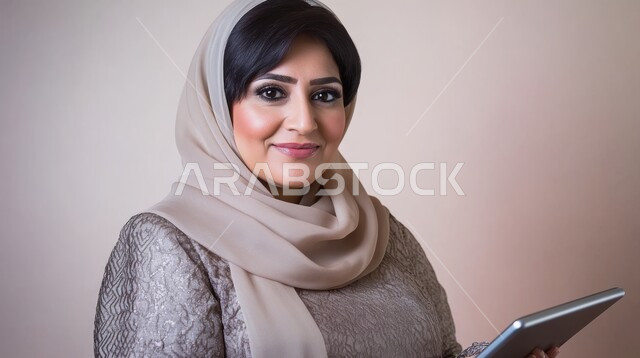 إستخدام الاجهزة التقنية الحديثة والمتطورة لإنجاز المهام، بورتريه لإمرأة عربية خليجية سعودية مبتسمة محجبة تحمل بيدها جهاز التابلت ،, مفهوم إدارة المشاريع عن بعد, النظر الى الكاميرا بتعابير الفرح والثقة بالنفس، دمج العمل مع التكنولوجيا، خلفية بيج