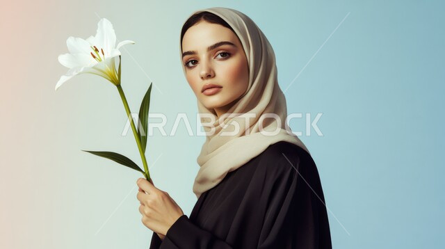 مفهوم النعومة و الأنوثة، الاهتمام بالأناقة والمظهر الخارجي، بورتريه مقرب لامرأة عربيه خليجيه سعودية محجبة تحمل بيدها زهرة زنبق أبيض،  متاجر ومحلات بيع وشراء الأزهار الطبيعية، أزياء محجبات عصرية حديثة، النظر الى الكاميرا بتعابير الفخر والثقة بالنفس، خلفية ملونة