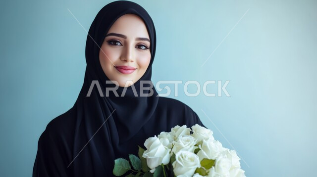 تقديم الزهور في الأعياد والمناسبات السعيدة، بورتريه مقرب لإمرأة عربية خليجية سعودية مبتسمة ترتدي العباءة السوداء تحمل بيدها بوكيه ورد أبيض، انتقاء باقة مميزة من الورود، الاهتمام بالأناقة والمظهر الخارجي، النظر الى الكاميرا بإيماءات السعادة والسرور، خلفية خضراء