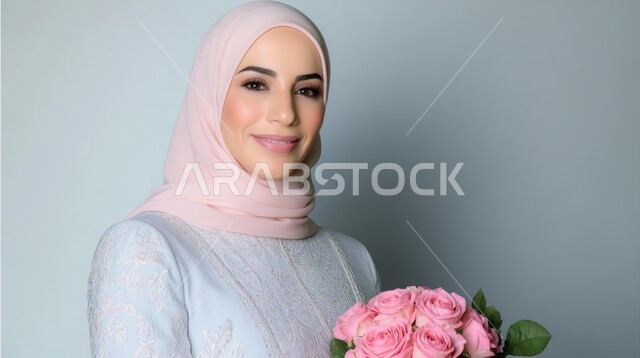 تقديم الزهور في الأعياد والمناسبات السعيدة، بورتريه مقرب لإمرأة عربية خليجية سعودية محجبة مبتسمة تحمل بيدها بوكيه ورد جوي زهري، انتقاء باقة مميزة من الورود، الاهتمام بالأناقة والمظهر الخارجي، النظر الى الكاميرا بإيماءات السعادة والسرور، خلفية رمادية