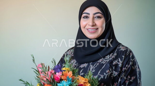 تقديم الزهور في الأعياد والمناسبات السعيدة، بورتريه مقرب لإمرأة عربية خليجية سعودية مبتسمة ترتدي العباءة السوداء المطرزة تحمل بيدها بوكيه ورد، انتقاء باقة مميزة من الورود، الاهتمام بالأناقة والمظهر الخارجي، النظر الى الكاميرا بإيماءات السعادة والسرور، خلفية ملونة