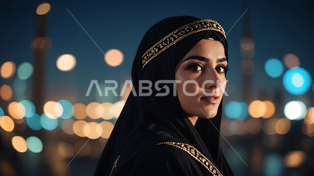 Attention to elegance and appearance, modern and contemporary veiled fashion, the concept of femininity and softness, a close-up of a veiled Saudi Arabian Gulf woman looking somewhere with gestures of self-confidence