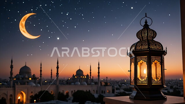 Traditional Arabic lamp, illuminated decorative metal lantern, spiritual Ramadan atmosphere, celebrating the arrival of the holy month of Ramadan, decorations and ornaments for the month of goodness, architectural engineering art of domes and minarets in mosques in the Kingdom of Saudi Arabia