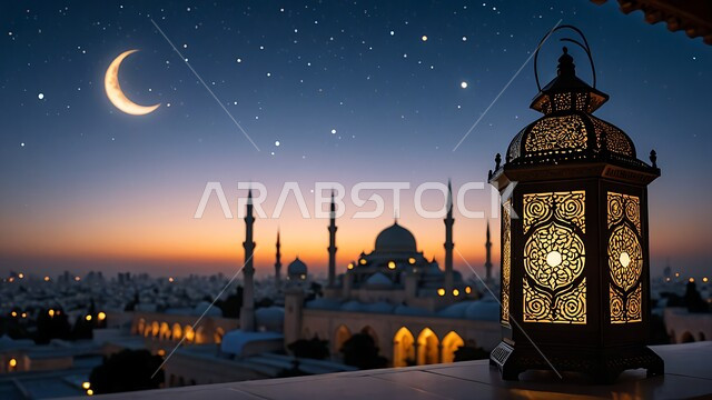 فانوس معدني مزخرف مضيئ, مصباح عربي تقليدي, الأجواء الرمضانية الروحانية, الاحتفال بقدوم رمضان المبارك, زينة و ديكورات شهر الخير, الفن الهندسي المعماري للقبب والمآذن في مساجد المملكة العربية السعودية