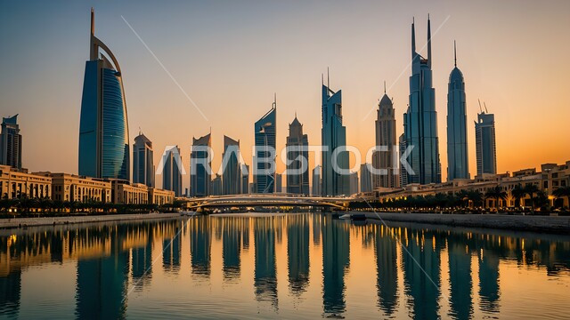 وجهات جذب واستقطاب السياح, انعكاس المنشآت والمباتي التجارية على مياه البحر عند غروب الشمس، الواجهة البحرية الساحلية في مدينة دبي, الفن الهندسي المعماري في بناء الأبراج وناطحات السحاب، النمو والتطور العمراني في الامارات العربية المتحدة